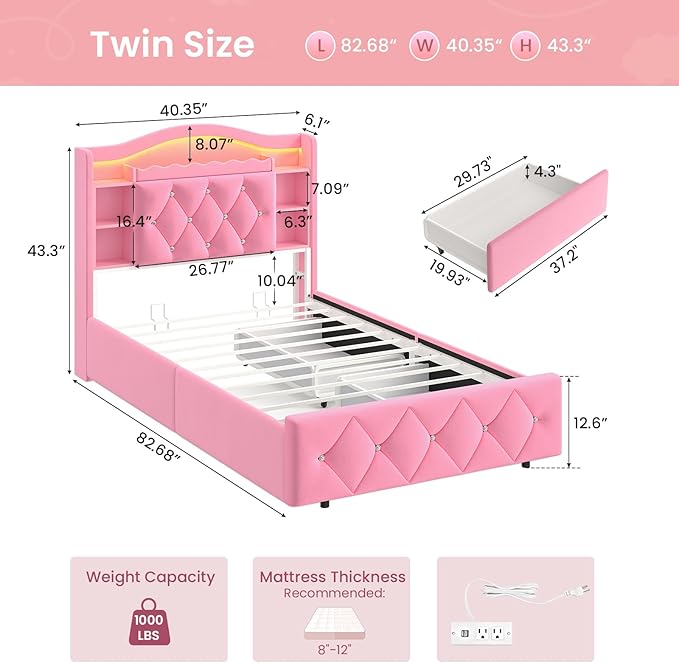 DICTAC Twin Size Bed Frame for Girls with Storage Drawers, Bookcase Headboard, LED Lights and Power Outlets, Diamond Tufted Velvet Upholstered Princess Platform Bed, Heavy-Duty Metal Support, Pink