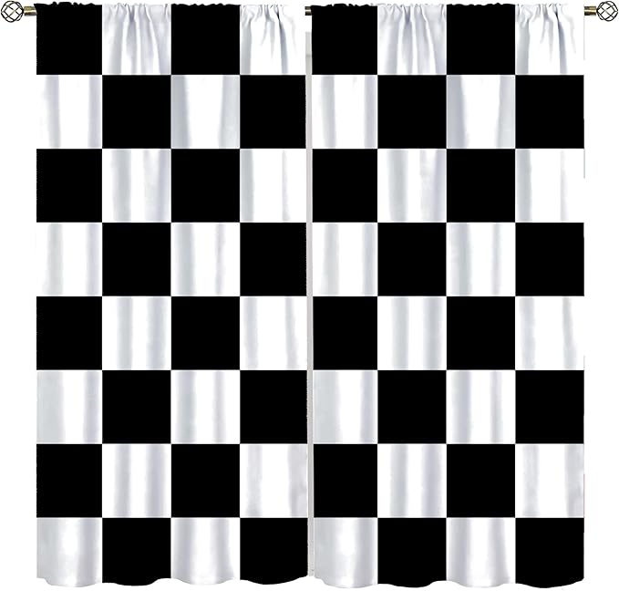 Black Checkered Curtains,70s Vintage Twisted Checkered Window Drapes Colorful Groovy Trendy Wavy Hippie Grid Print Window Treatments for Kids Boy Bedroom Living Room 63" W X 72" L