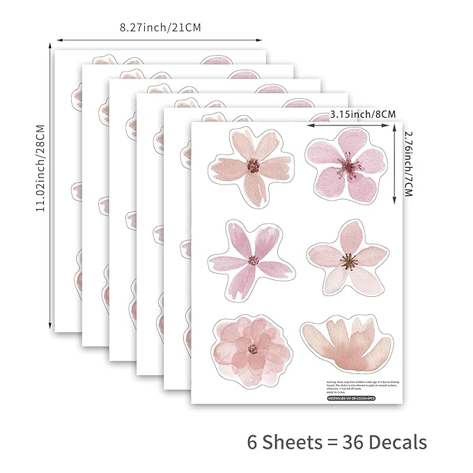 YouRfocus Daisy Wall Decals | 36 PCS Boho Flower Stickers for Girls' Rooms, Playrooms, and Nurseries | Dual Layer Print for High Coverage | Removable Peel and Stick Wall Decor (Pink-A) | 6 Sheets