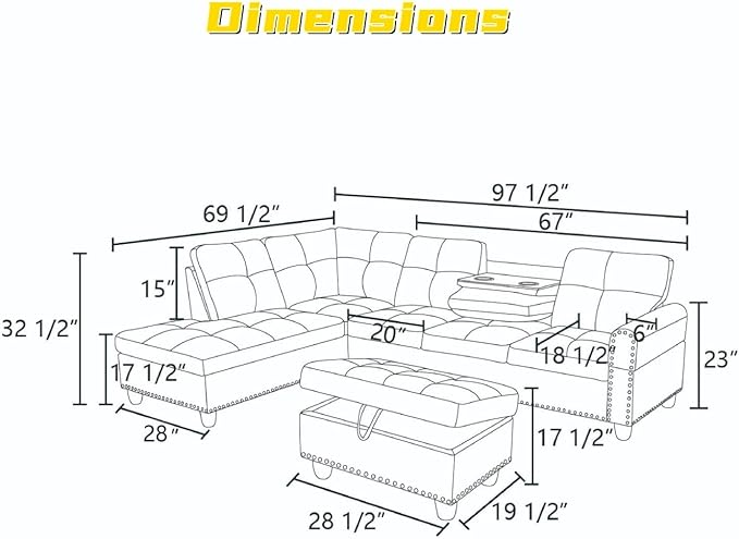 L Shaped Sectional Couch with Otttoman, 97" Sectional Sofa for Living Room Flannel Modular Couches with Cup Holders for Bedroom, Apartments, Brown