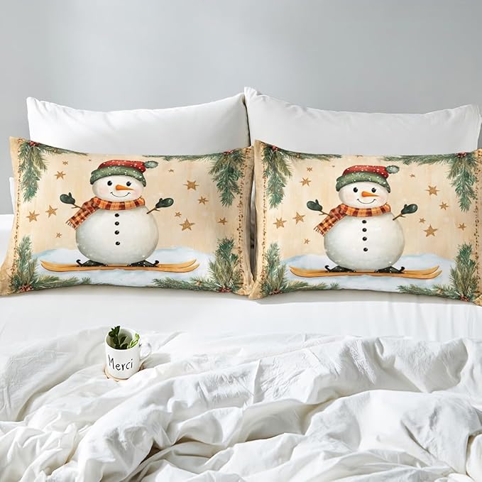 Manfei Christmas Kids Duvet Cover Set King Size, Cute Snowman Bedding Set for Boy Girl Room Decor, New Year Holly Leaf Print Comforter Cover, Lightweight Bedspread Cover, 2 Pillowcases, No Comforter