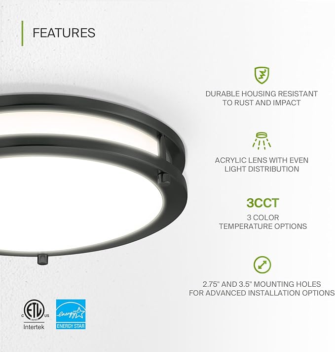 ASD LED 12" Round Flush Mount Lighting, Close to Ceiling Light Fixture | 3CCT