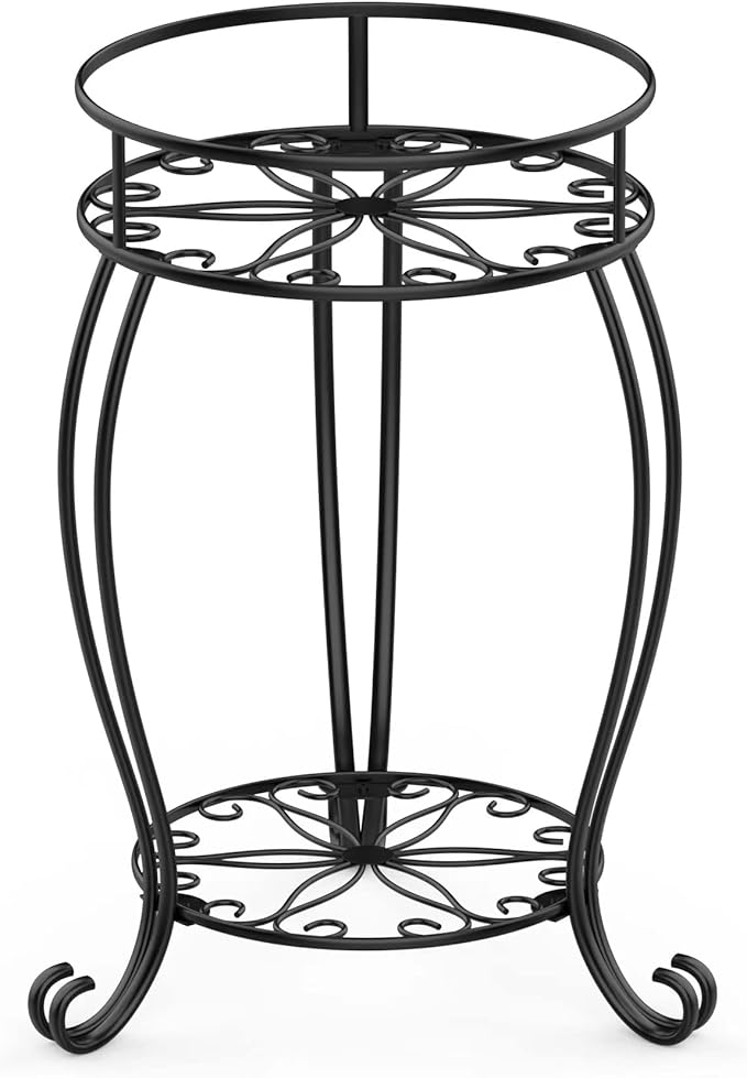 FaithLand Plant Stand, Heavy Duty Metal Planter Holder Indoor Outdoor, 2 Tier Round Potted Supports Rack, Corner Display Shelf Black