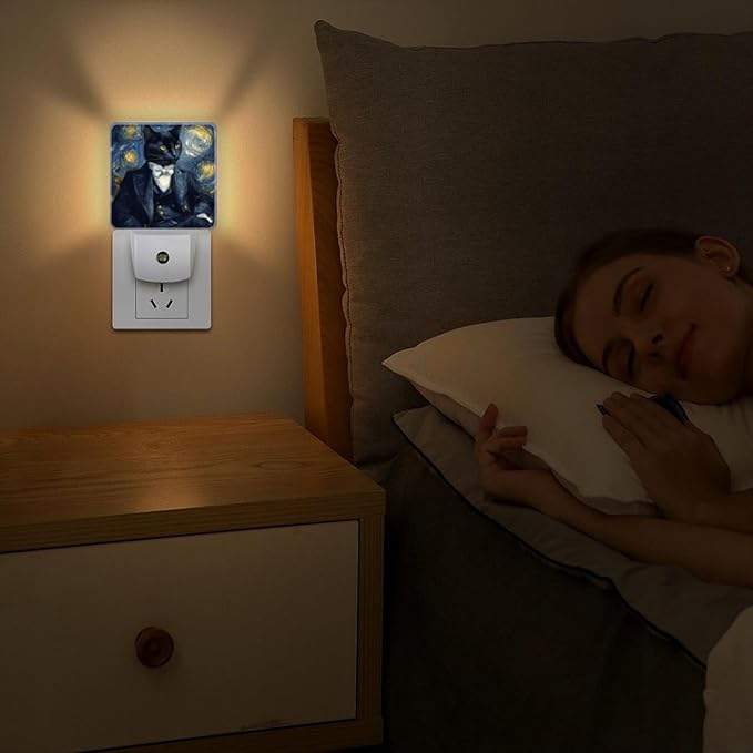 LED Night Lights Plug into Wall, Starry Night Tuxedo Cat Decorative Night