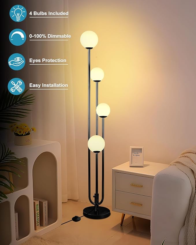 63IN 4-Light Dimmable Floor Lamp, Unique Black Tall Standing Lamps