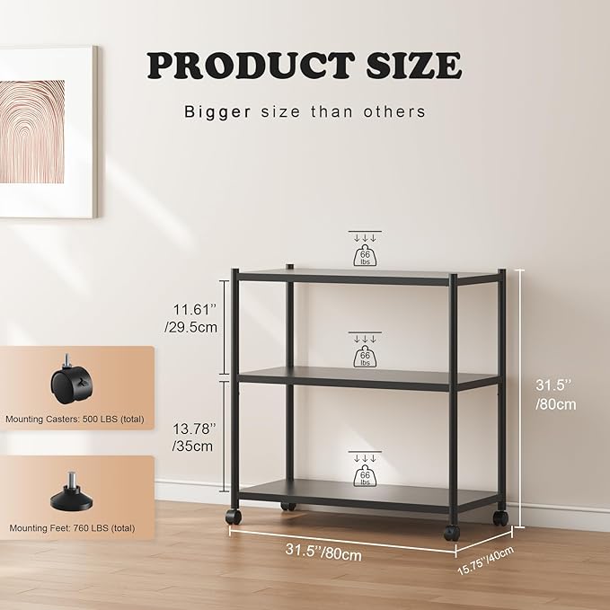ZZL 3 Tier Small Bookshelf 31.49" Width,Metal Bookcase w/Wheels,Industrial Book Shelves for Home Office,Bedroom,School,Living Room(Black)