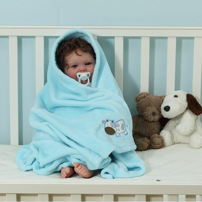 CREVENT 30''X40'' Cozy Fluffy Warm Fleece Infant Baby Blanket for Girls & Boys Toddler Crib Cot Stroller - Blue Cow