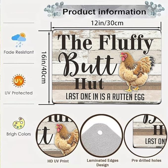 Fluffy Butt Hut Tin Sign Outdoor Decor with Chicken Design for Yard Patio Farmhouse 12x16 Inch