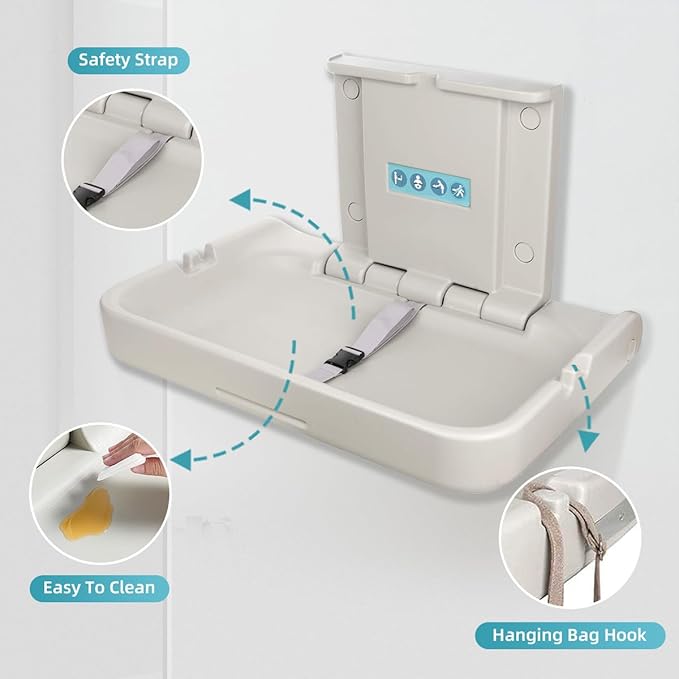 Fold-Down Baby Changing Station Wall-Mount - Modundry Horizontal Baby Change Table with Safety Straps for Commercial Restrooms (White Granite)