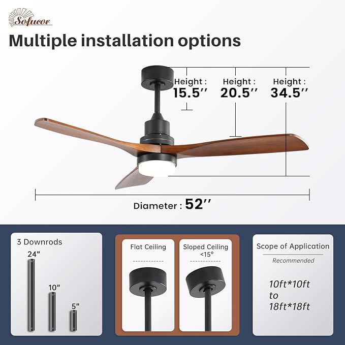 Sofucor 52 Inch Solid Wood Ceiling Fans