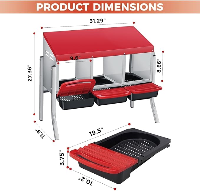 Chicken Nesting Boxes, Metal Rollaway Chicken Nest Box with Rollout Egg Collection, Removable Tray & Nesting Pads, Egg Laying Box for Chicken Coop Hens, Wall Mount or Standing, 3 Compartments, Red