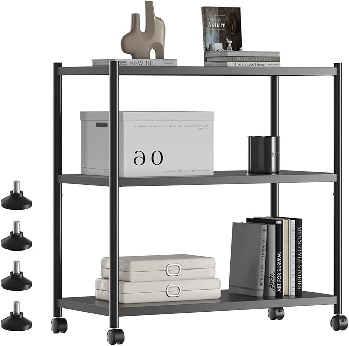 ZZL 3 Tier Small Bookshelf 31.49" Width,Metal Bookcase w/Wheels,Industrial Book Shelves for Home Office,Bedroom,School,Living Room(Black)
