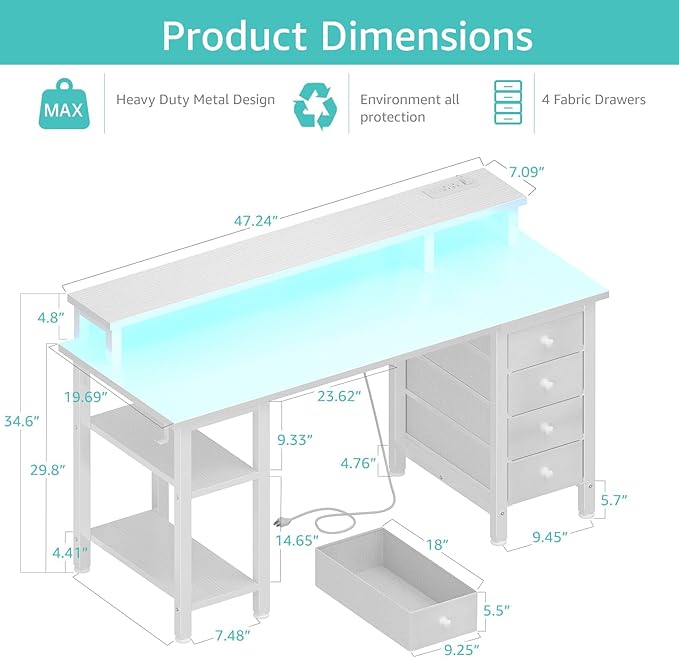 Lufeiya White Desk with Drawers Storage - 47 inch Home Office Computer Gaming Desks with Monitor Stand LED Lights and Power Outlets, White