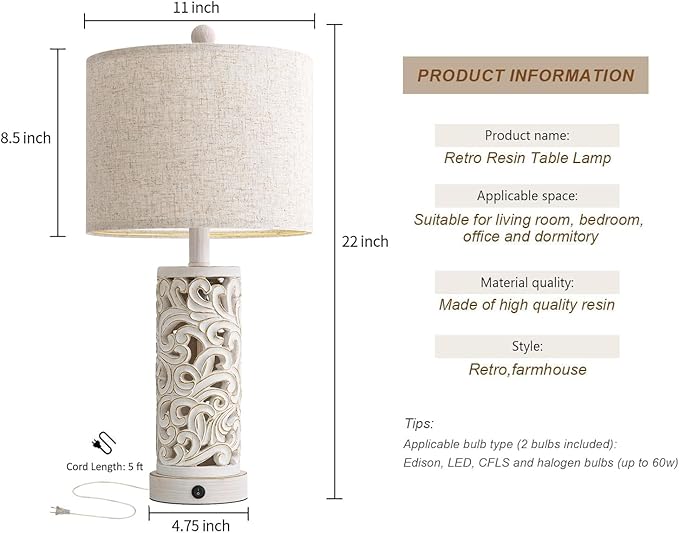 OYEARS 22'' Table Lamp Set of 2