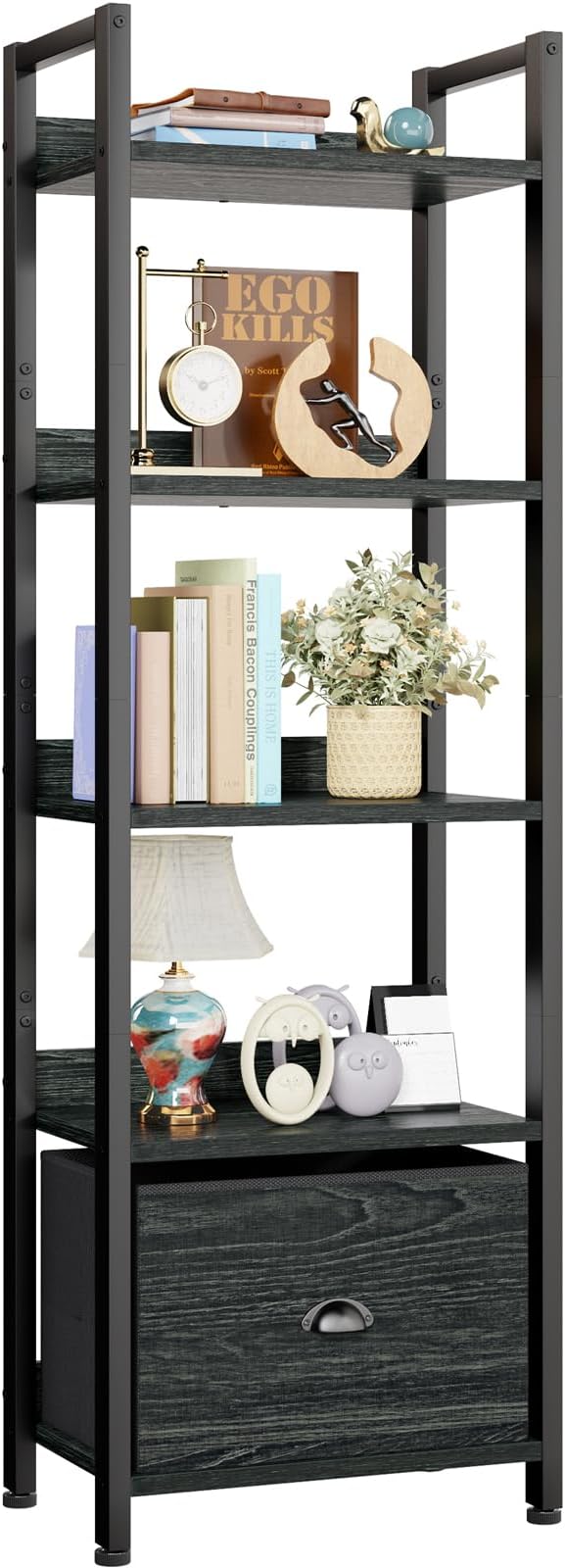 Furologee 5 Tier Bookshelf with Drawer, Kitchen Bakers Rack with Storage, Tall Narrow Bookcase, Industrial Free Standing Display Shelf, Wood and Metal Book Shelf for Bedroom, Living Room, Black