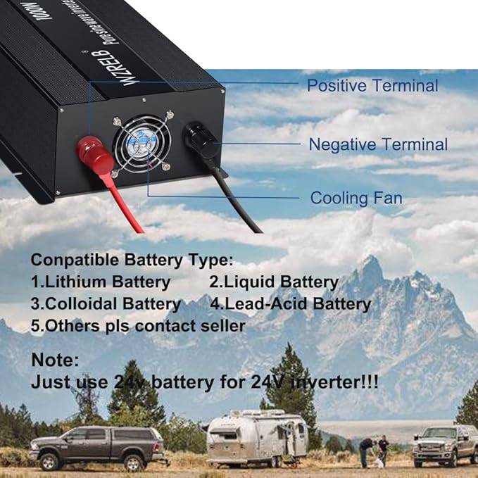 WZRELB 1500W Pure Sine Wave Inverter 24VDC to 120VAC Solar Power Converter Truck RV Home LCD Display