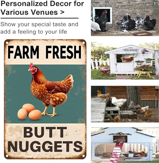 Vintage Metal Signs Chicken Coop Signs for Farm Yard Decor, Farm Tin Signs for Home Kitchen Outdoor Decor, Fresh Butt Nuggets 8x12 inches