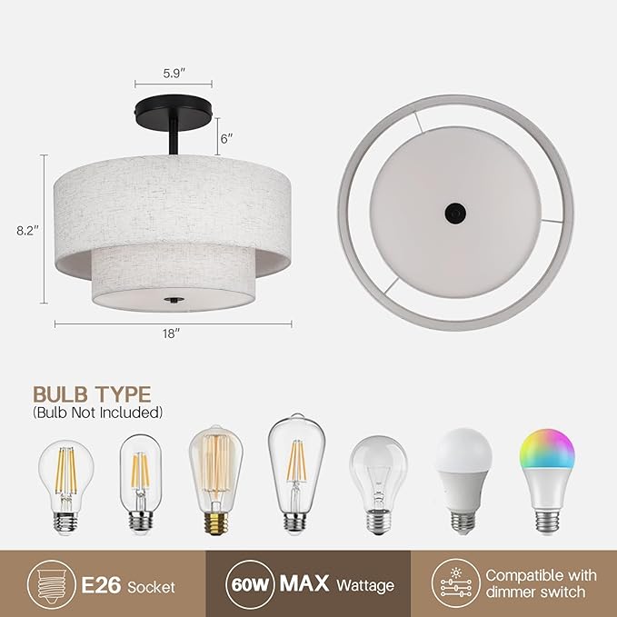 18 Inch Large Semi Flush Mount Ceiling Light Fixture
