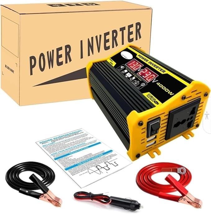 High-Power 4000W DC to AC Power Inverter – 12V to 110V/220V Converter with Dual USB Ports, Universal AC Outlet, LED Display for Cars, Trucks, RVs, and Home Backup (Black, 220V)