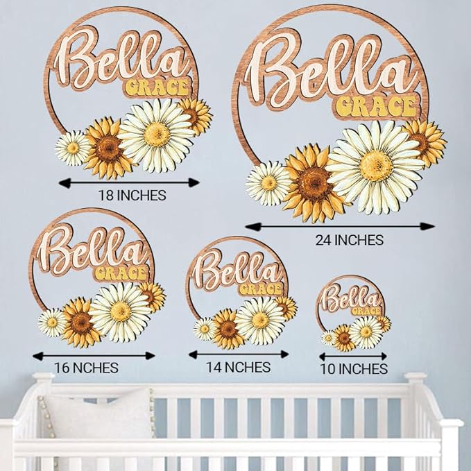 Custom wooden nursery name sign, Boho nursery wood 2 layer, Floral nursery name sign for girls, Daisy Sunflower Baby name signs for nursery, Wood name signs, Baby shower, Nursery decor flower gift/18
