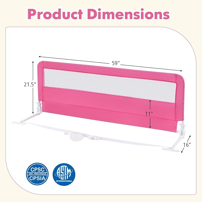BABY JOY Bed Rails for Toddlers, 59'' Extra Long, Swing Down Bed Guard w/Safety Straps, Folding Baby Bedrail for Kids Twin, Double, Full Size Queen & King Mattress (Pink, 59-Inch)