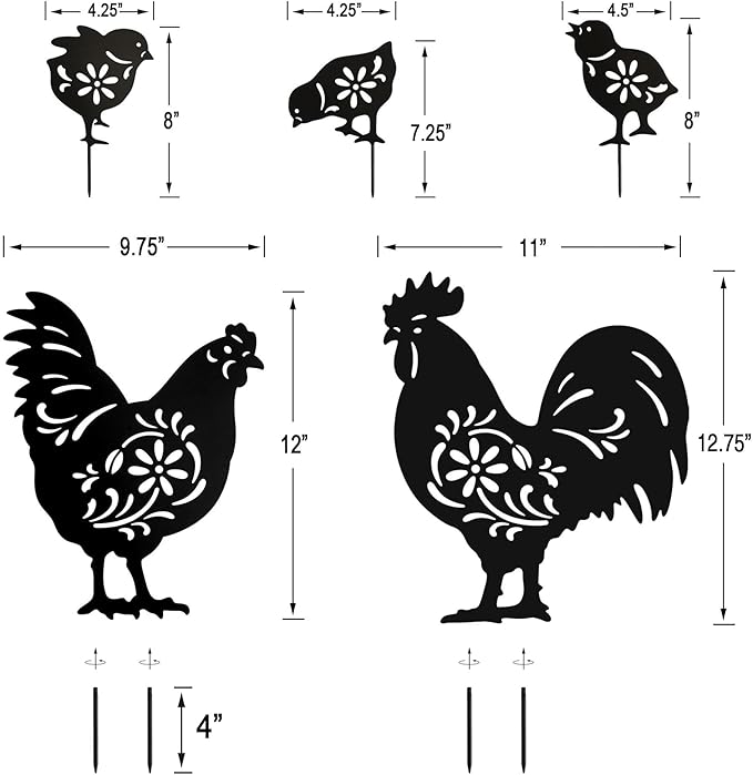 Metal Chicken Garden Decor Outdoor,5 Pack Rooster,Hen,Chicks Yard Art,Garden Statues for Outside (Chicken Black)