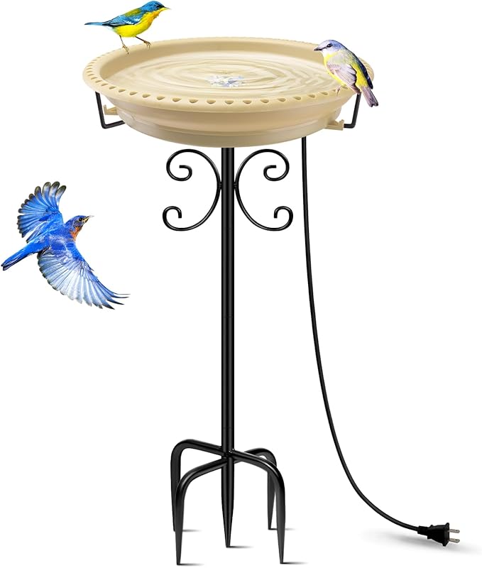 Daoeny Heated Bird Bath for Winter, Upgraded 100W Heated Bird Baths for Outdoors Thermostat Control with 5-Prong Metal Base, Heated Bird Bath for Outside Winter Garden Patio Yard Lawn (Khaki)