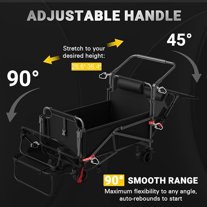 LEVELEVE Heavy Duty Folding Wagon - 2-in-1 Collapsible Cart, 400lb Capacity, All-Terrain Wheels w/Brakes & Side Pockets (Black)