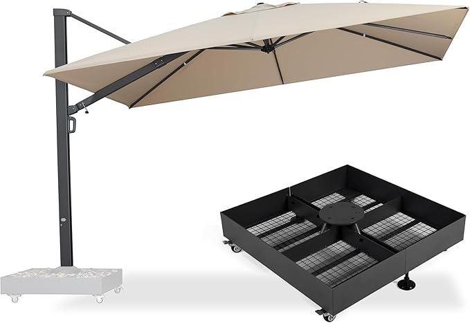 PURPLE LEAF 12' X 9' Rectangle Patio Umbrella with Base Included Large Outdoor Aluminum Offset Umbrella with 360-degree Rotation Cantilever Umbrella for Garden Deck Backyard Pool Beige