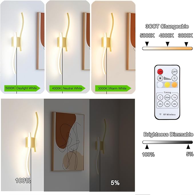 Modern Plug in Wall Sconce Set of 2, 3CCT Adjustable & Memory Function