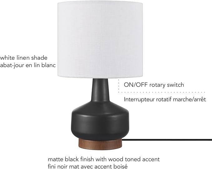 GLOBE Electric 15" Ceramic Table Lamp, Matte Black Base, Wood-Toned Accent