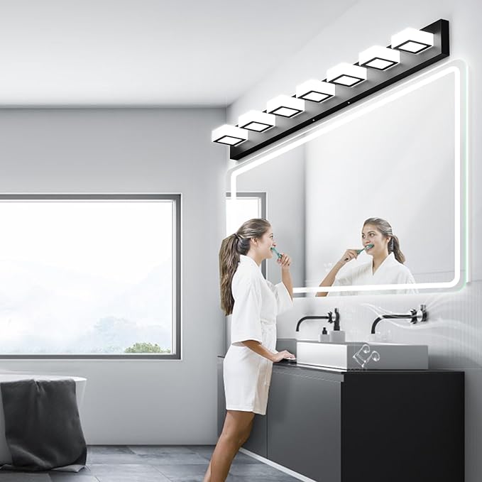 Ralbay 46inch Matte Black Vanity Lights 7 Lights Dimmable 5 Color Temperature