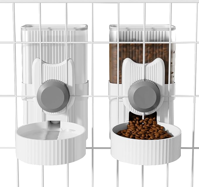 Hanging Cage Automatic Food Water Dispenser, Detachable Auto Gravity 1L Self-Feeding Feeder and Waterer Set, Crate Auto Feeder Dish for Puppy Cats Ferret Bunny Guinea Pig Small Pets (Grey)