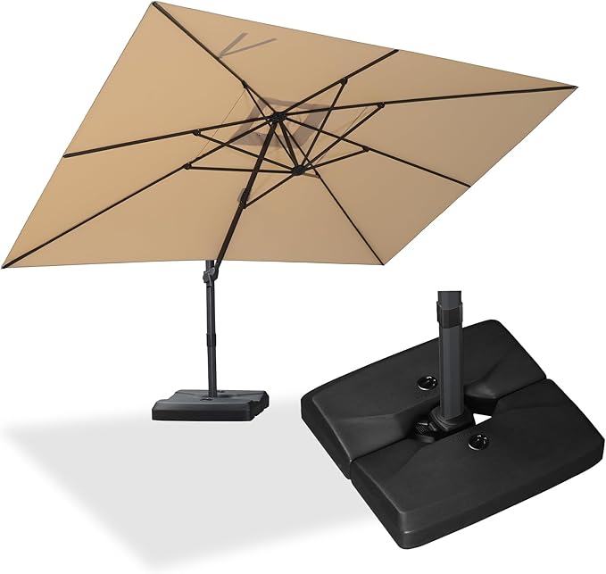 PURPLE LEAF 10' × 13' Patio Cantilever Umbrella with Base Outdoor Rectangle Adjustable Offset Umbrellas with 360-degree Rotation and 8 Heavy Duty Metal Ribs for Garden Deck Pool Beige