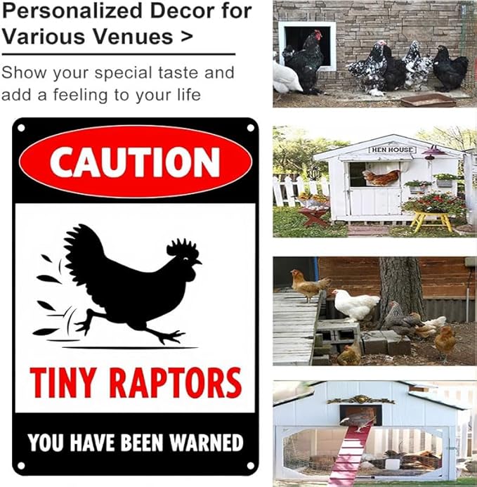 Caution Tiny Raptors Sign Aluminum Chicken Coop Signs for Farm Kitchen Rooster Hen House Decor Beware of Chicken Signs for Chicken Lady Lovers, 12x16inches