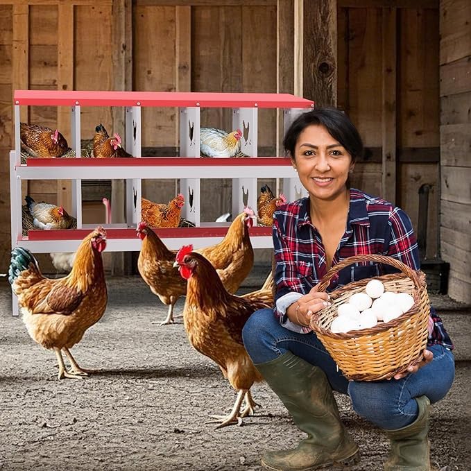 Chicken Nest Box, 10-Compartment Egg-Laying Box, Metal Hen House, Convenient for Collecting Eggs - Ventilated Poultry House Equipment - Suitable for Hens, Ducks Red,with Stand