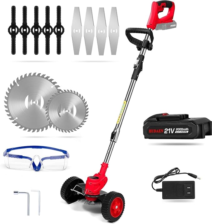 21V Cordless Grass Trimmer, Electric String Weed Wacker with 2.0Ah Lithium Battery, Telescopic Handle, 40 Min Runtime, 18000 RPM, Low Noise 92dB (Red)
