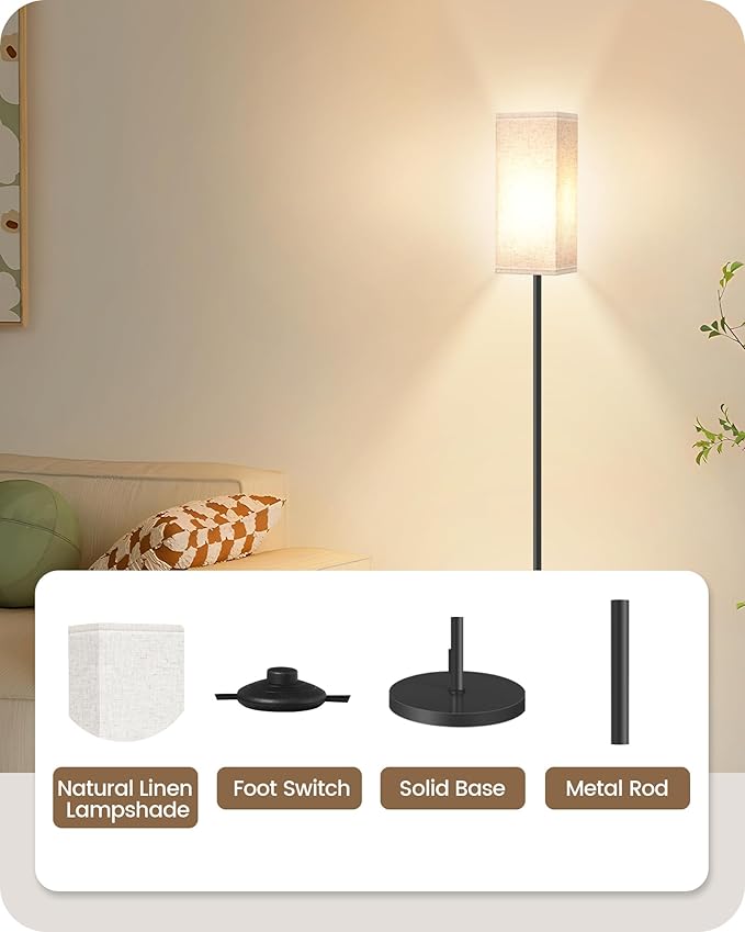 64.6" Floor Lamp, Pole with Foot Switch, Modern Standing Lamp Lampshade