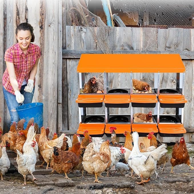 Chicken Nesting Box, 8-Compartment Egg Laying Box, Convenient for Collecting Eggs, Ventilated Poultry House Equipment in Metal Chicken Coop, Suitable for Hens and Ducks, (Orange, Without Stand)