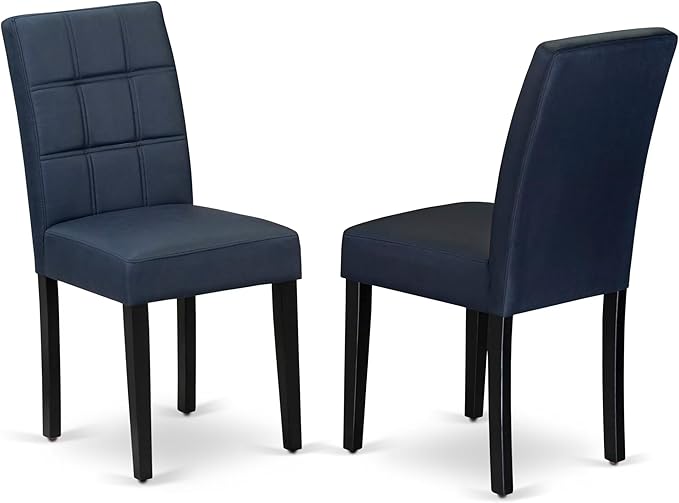 East West Furniture DLAS3-BLK-09 3 Piece Dining Table Set consists A Wood Table and 2 Dark Navy Blue Polyester Fabric Parson Dining Chair with Stylish Back- Black Finish