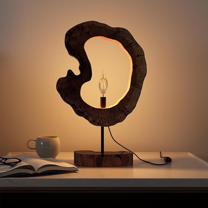 LAPTAIN Wood Table Lamp, Irregular Jujube Tree Wooden Bedside Lamp, Creative