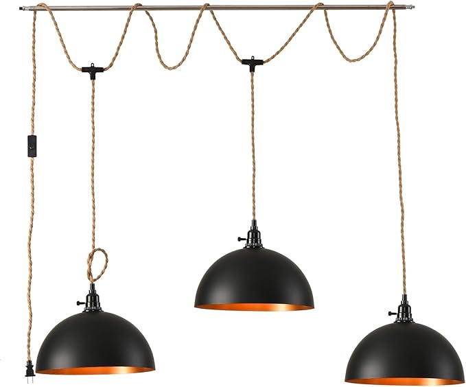 3-Light Hanging Light with Plug in Cord, Plug in Pendant Light 22ft Hemp Rope