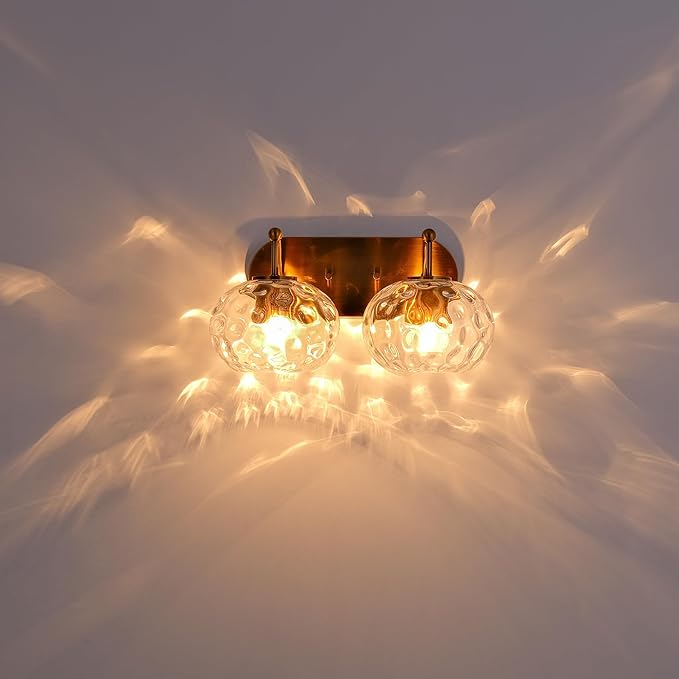 Brushed Gold Vanity Light Clear Hammered Glass Wall Sconce 2-Light Brass Wall