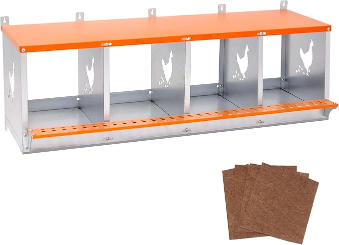 Chicken Nesting Boxes, 4 Rooms Hens Nest Box, Metal Poultry Nest Box Wall Mount for Chickens Egg Laying Box Collection Vented Holes Chicken Coop Cages Equipment, Orange (4 Rooms)