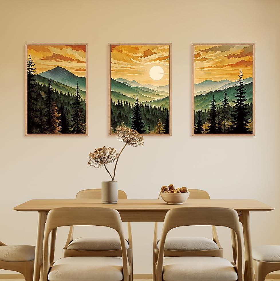 Large Boho Sunset Mountain Framed Canvas Wall Art (3 Count)