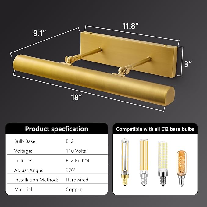 18" Brass Picture Light Hardwired Gold Linear Picture Light