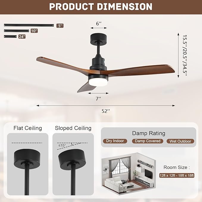 Sofucor Smart Ceiling Fan with Light, 52 Inch Solid Wood Ceiling Fans with