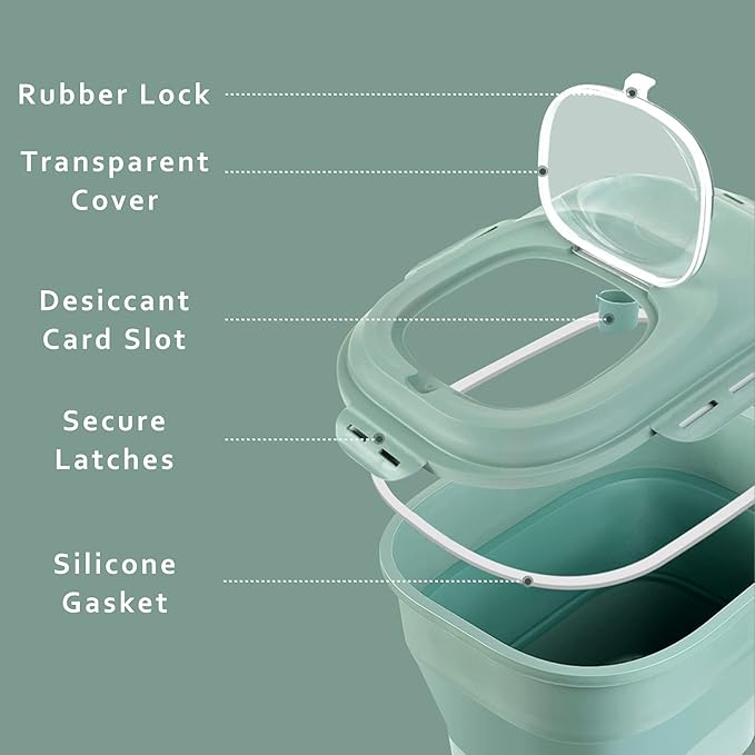 Cereal Rice Food Storage Containers, Collapsible 20 to 50 Lbs Dispenser Bin with Rolling Wheel Airtight Locking Lid, Dog Pet Cat Flour Sugar Plastic Leakproof Sealable Large Kitchen Pantry Holder