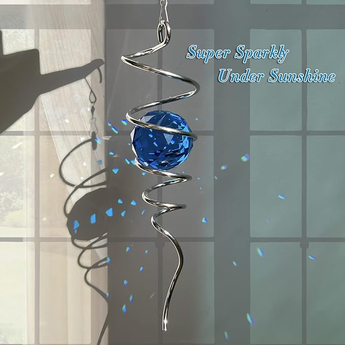 Fonmy Gazing Ball Spiral Tail -Decorative Wind Spinner Sun Catcher Rainbow Maker 11 inch Tail and 2 inch Peacock Blue Crystal Orb. Indoor Outdoor Garden Decoration -13 inch Height