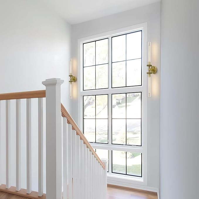 Brass Gold 2-Light Knurled Wall Sconces, 30in Double Glass Sconces Wall Lighting